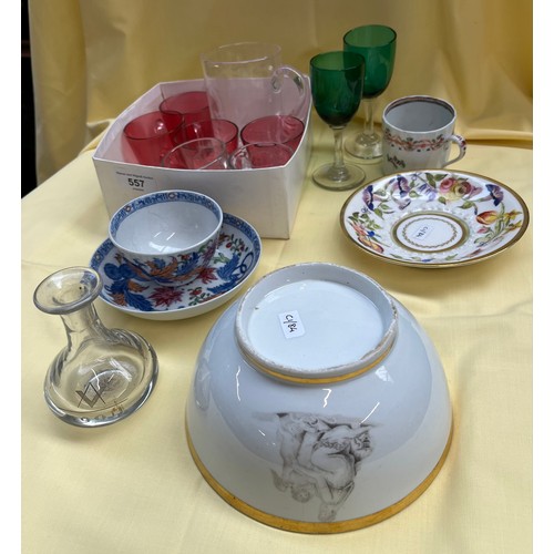 557 - Swansea hand painted dish, tea bowl and saucer, coffee can and bow, together with glassware includin... 