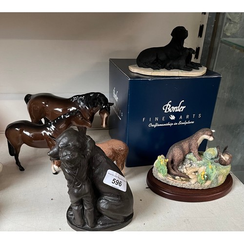 596 - 2 border Fine Arts figures, 2 Beswick horses and a donkey, and a Heredities figure Mike and Mate