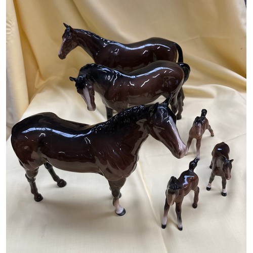 691 - 3 large Beswick chestnut horse figures and 3 small Beswick foals