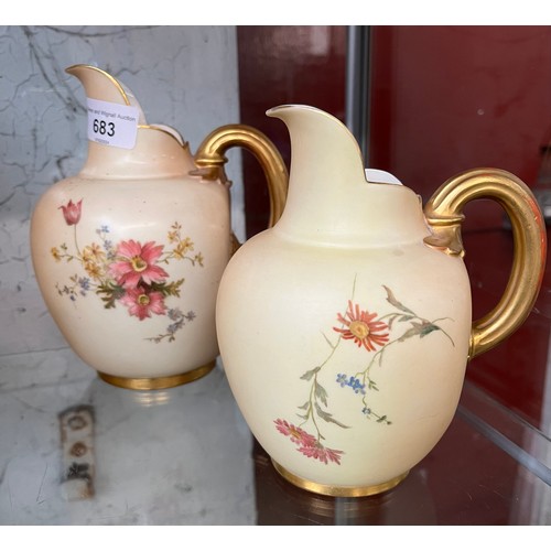 683 - Two Royal Worcester blush ivory flat back jugs with floral design, one height appx 17cm,manufactured... 