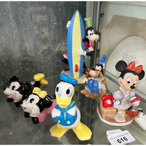 616 - 6 Disney figures - 3 glazed, 3 unglazed - 1 as found