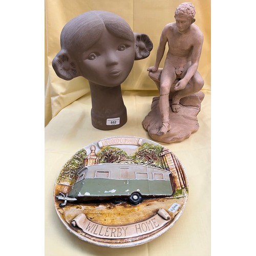 552 - Three pieces to include a 1950s Willerby caravan wall plaque, a 1960s Tekt USSR terracotta bust, and... 