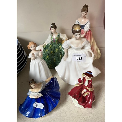 592 - 6 Royal Doulton figurines including ‘Elyse’ HN2474, Alexandra HN3286 etc