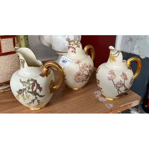 687 - 3 Royal Worcester flat backed blush ivory jugs, height 14cm, 13cm, 13cm,