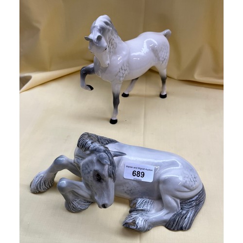 689 - Two Beswick horse figures - one modelled as Dapple Grey shire horse, lying down, and one Dapple Grey... 