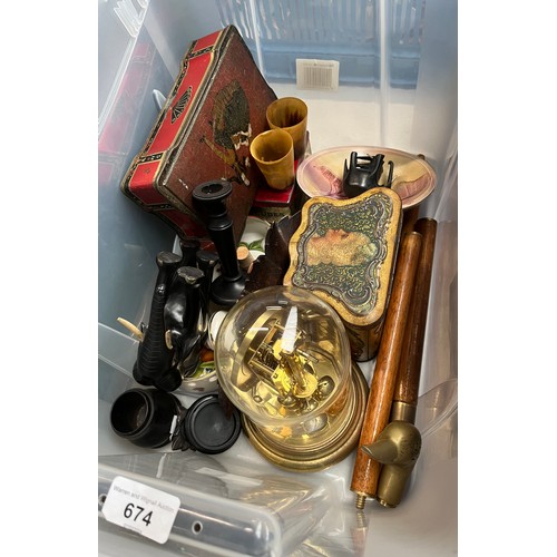 674 - A box of collectables including vintage tins, horn drinking cups, ebony pot, glass domed clock, 3 pa... 