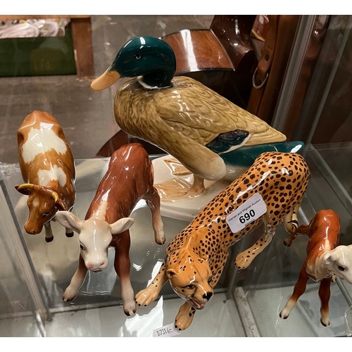 690 - Beswick leopard, Beswick cow, two Beswick calfs and a Beswick large duck