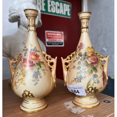 684 - A pair of Royal Worcester blush ivory twin handled bulbous vases, height appx 16cm, date c1902