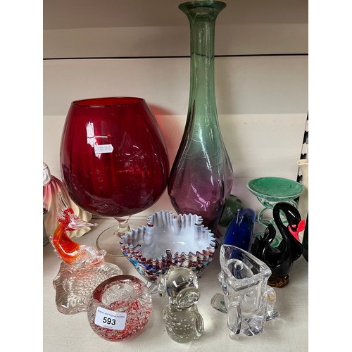 593 - Art glass - 10 items including fish, dolphin, large brandy glass etc.  Tallest item 49cm