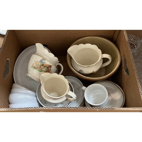 623 - A box of Denby dinnerware together with a set of graduated jugs marked A Bit of Old England etc