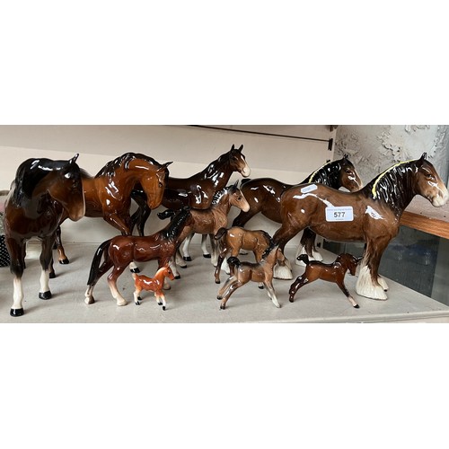 577 - 9 Beswick horse figures (5 large, 4 small) including 2 Shire horses, together with 2 other samll hor... 