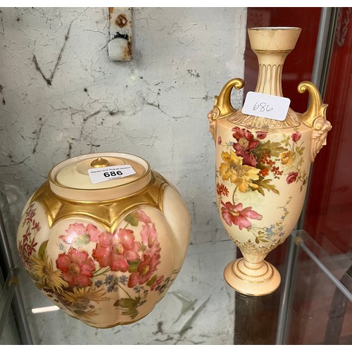 686 - A tall Royal Worcester blush ivory twin handled vase c1899, height appx 26cm and a lidded pot pourri... 