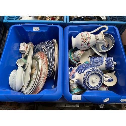 675 - 2 blue tubs of ceramics to include blue and white tea and hot water pots, Coalport coffee cans and s... 