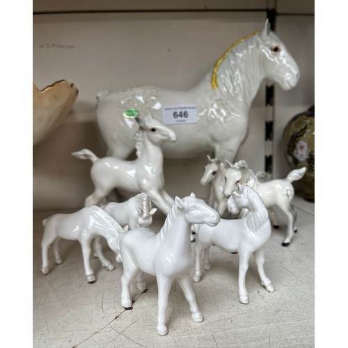 646 - 4 dappled grey Beswick horse figures including Shire horse, together with four small unmarked horse ... 