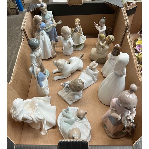 693 - A box of assorted figures, mainly Nao, other Spanish figures including Lladro and other ornaments. C... 