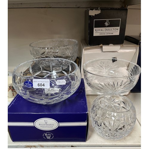 604 - Boxed Edinburgh Crystal ‘Argyll’ footed bowl (20cm diameter) together with 3 boxed Royal Doulton cry... 