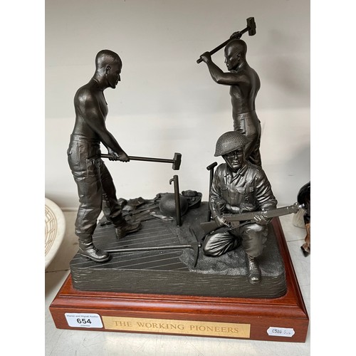 654 - A regimental statuette, manufacturers bronze effect resin sculpture, titled 'The Working Pioneers'.