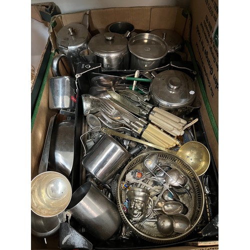 607 - Box of metal wares including plated, stainless steel, cutlery etc