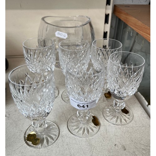 641 - 6 Waterford crystal sherry glasses and a shallow vase by Waterford