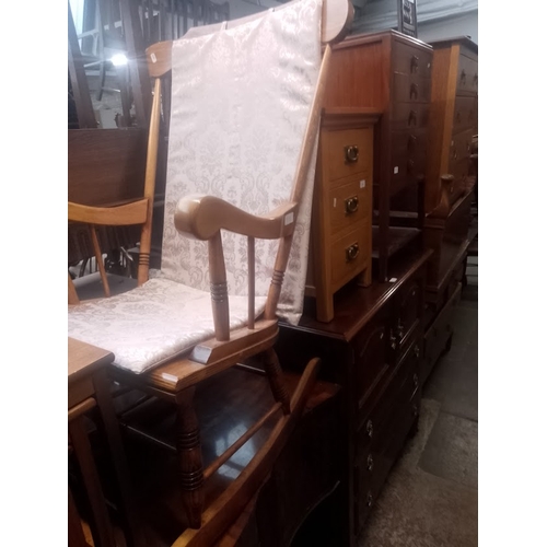 915 - Various items of furniture; rocking chair, oak bedside cabinet, mahogany music cabinet and a walnut ... 