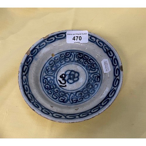 470 - An early tin glazed earthenware dish, possibly Portuguese, possibly Delft, diameter appx 16cm