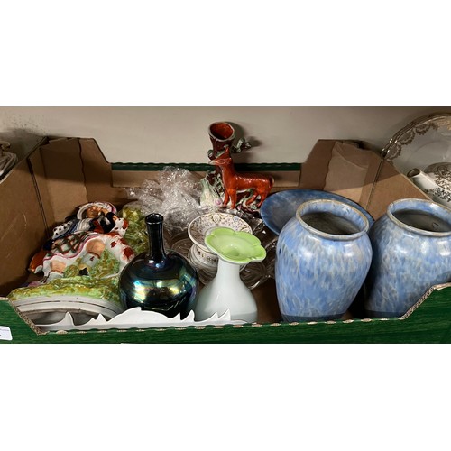 433 - A box of mixed pottery and glass including pair of studio pottery vases, Staffordshire pottery figur... 