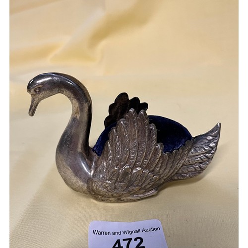 472 - A white metal swan pin cushion.