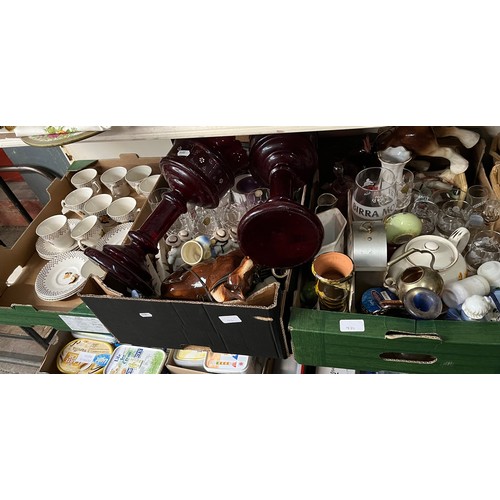 431 - Three boxes of mixed ceramics including Portland Riad Pottery tea set, glass ware, ruby coloured gla... 