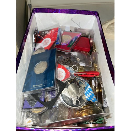 404 - A box of mainly sport medallions / medals.