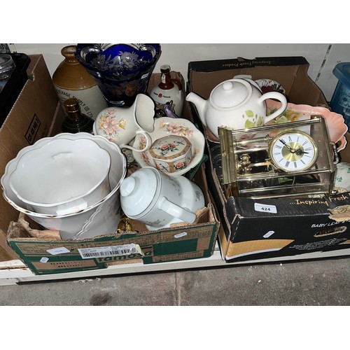 424 - 2 boxes of mixed ceramics etc including large etched glass vase, ceramic Irish whisky decanter, Bell... 