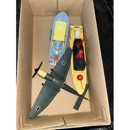 402 - 3 Dinky toys; Air sea rescue launch, submarine chaser and a Junkers JU 87B airplane.