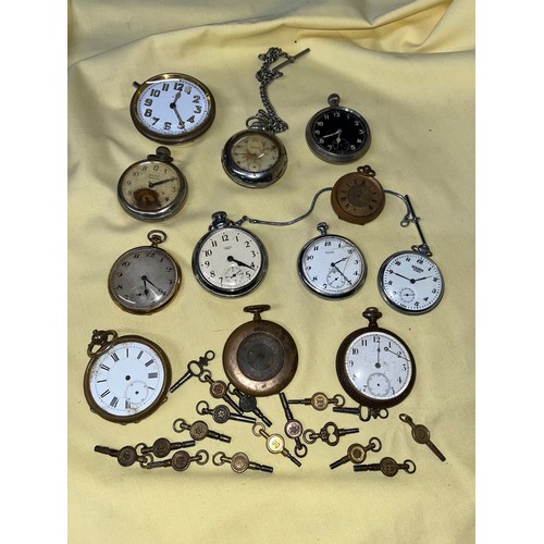 498 - A box containing twelve pocketwatches, pocketwatch chain and assorted keys.