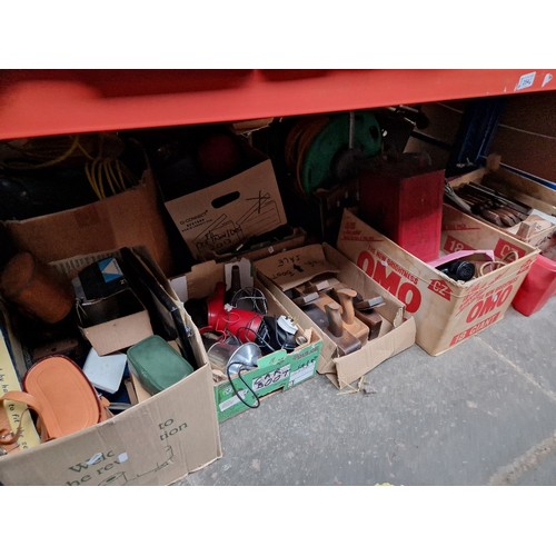 254 - 6 boxes of various garage ware and collectables including planes, tools, jerry can, binoculars, etc