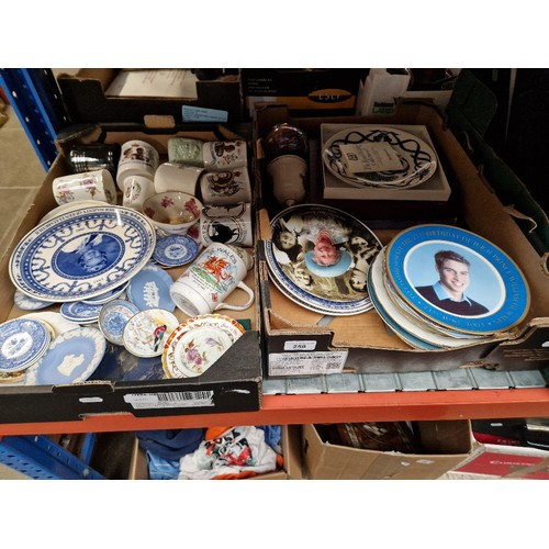 250 - Two boxes of mixed china including Wedgwood, commemorative ware, jasperware, etc.