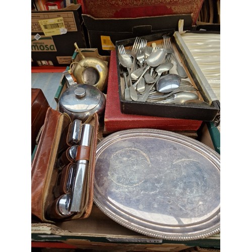 257 - A mixed lot of cutlery, and metalware including silver plate, boxed cutlery sets, cigarette case, sm... 