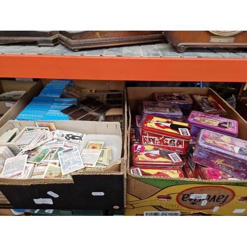 240 - Two boxes of trading cards, cigarette cards, etc.