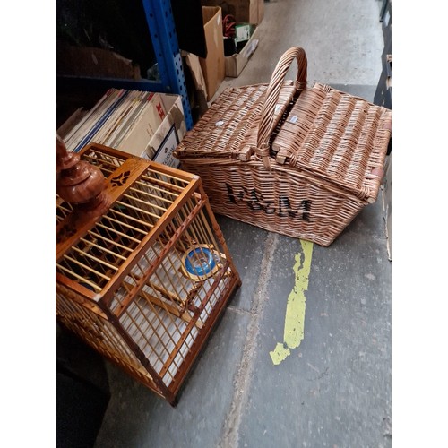 274 - Fortnum & Mason wicker hamper basket and a bird cage.