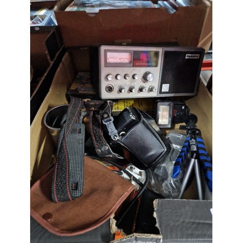 267 - A box of misc including a Murphy CB base station with microphone, a Olympus 35mm camera and a Browni... 