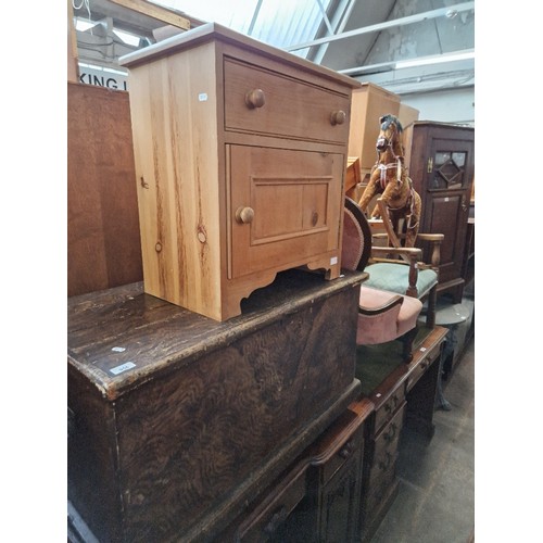 958 - Three items of furniture; a Victorian pine blanket box, pine side cabinet & bedroom chair.