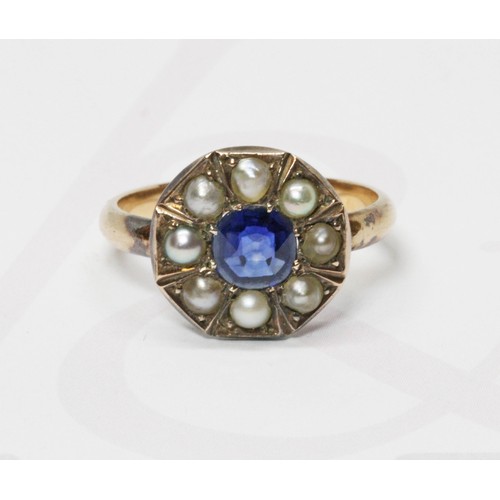 13 - An antique sapphire and split pearl cluster ring, the octagonal head measuring approximately 12.5mm ... 