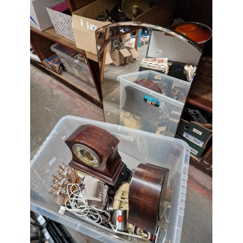 80 - A box of assorted collectables & a mirror to iclude vintage telephones, mantle clocks & table lighte... 