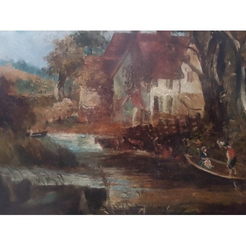 806 - After John Constable RA (1776-1837), oil on canvas, river scene with figures on a boat and cattle wa... 