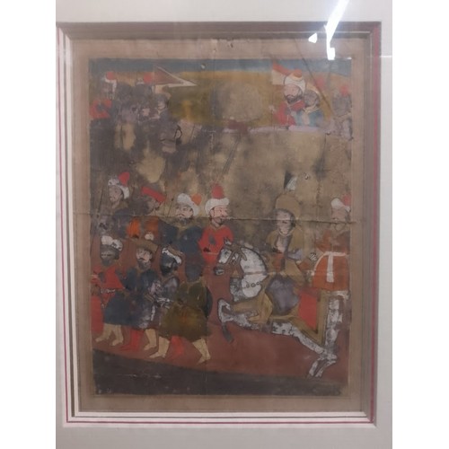 782 - An 18th century Persian/Indian gilt heightened watercolour depicting riders on horseback with head o... 