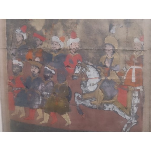 782 - An 18th century Persian/Indian gilt heightened watercolour depicting riders on horseback with head o... 