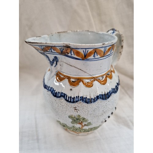 558 - A blue and silver lustre jug and Prattware hunting jug (cracked), together with 3 pieces of hand pai... 