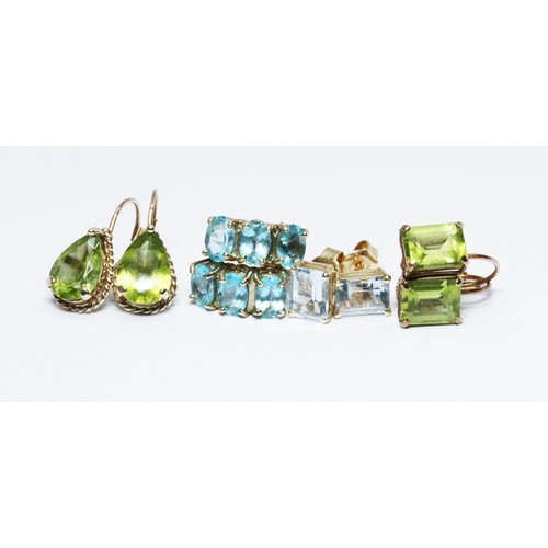 70 - Four pairs of assorted earrings comprising aquamarine, apatite and peridot, two pairs hallmarked 9ct... 