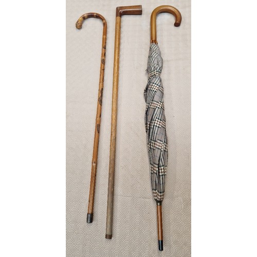 115 - Two vintage walking sticks and an umbrella, 1 stick has a carved snake running through.