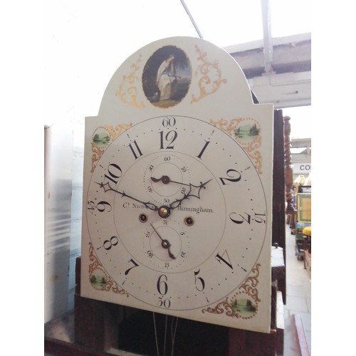 829 - A George III eight day mahogany long case clock with weights and pendulum, quarter columns to the ca... 