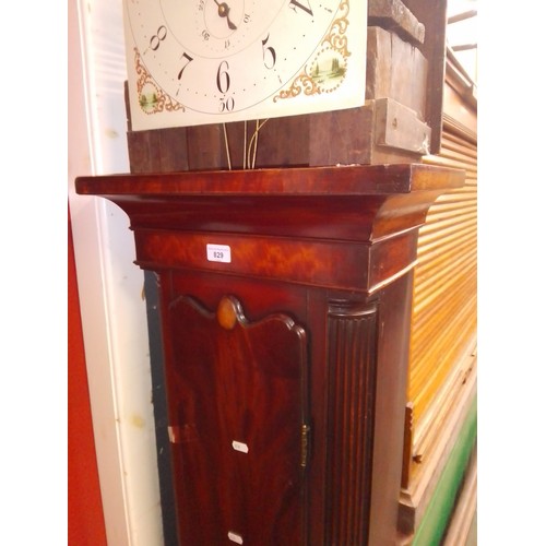 829 - A George III eight day mahogany long case clock with weights and pendulum, quarter columns to the ca... 