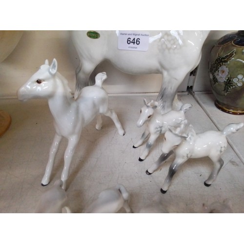 646 - 4 dappled grey Beswick horse figures including Shire horse, together with four small unmarked horse ... 